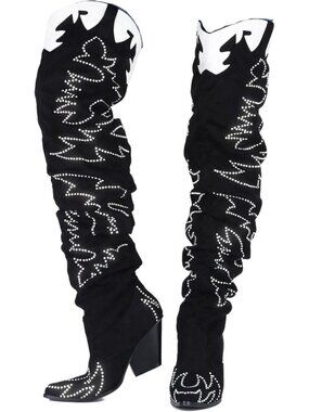 Women's Stone Black Thigh High Knee Chunky Block Heel Fashion Cowgirl Boots